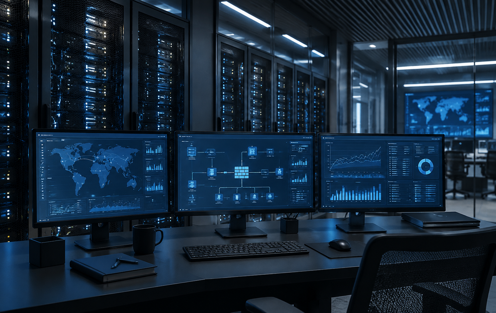Painel de Cyber Security monitorando uma infraestrutura corporativa
