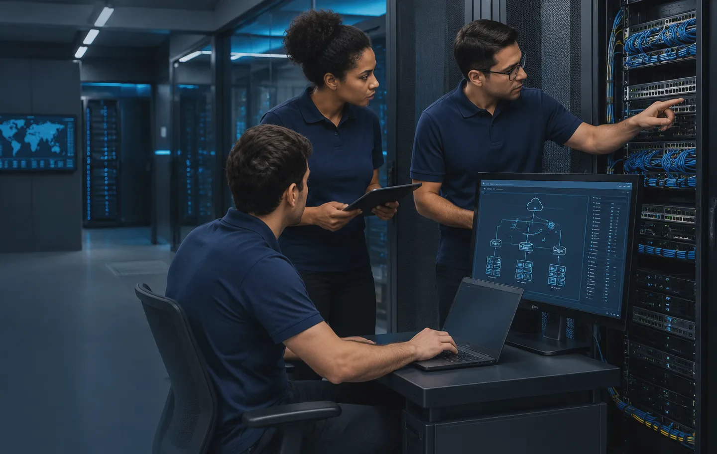 Equipe técnica da 7X Infotech trabalhando em infraestrutura de rede corporativa